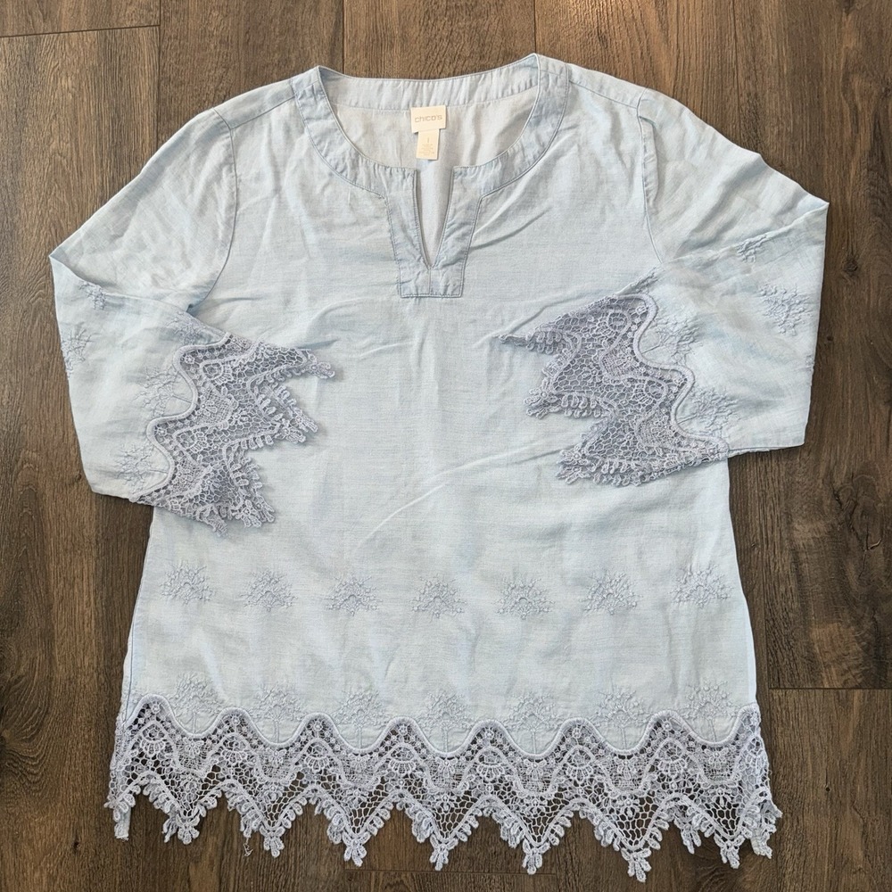 Chico Women Sz 1 Shirt Blue Lace Crochet Long Sleeve Top Chambray Beach Nautical